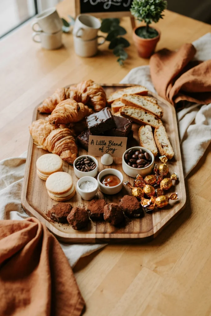 Little Blend of Joy dessert charcuterie board with mini pastries and chocolate covered coffee beans