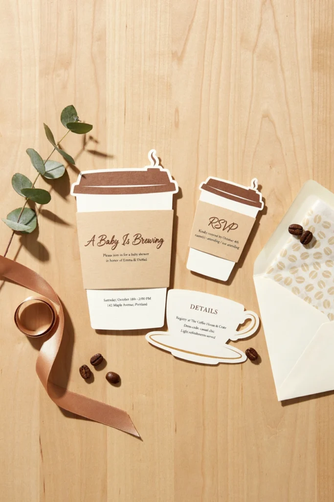 Coffee cup invitation suite in cream and caramel tones