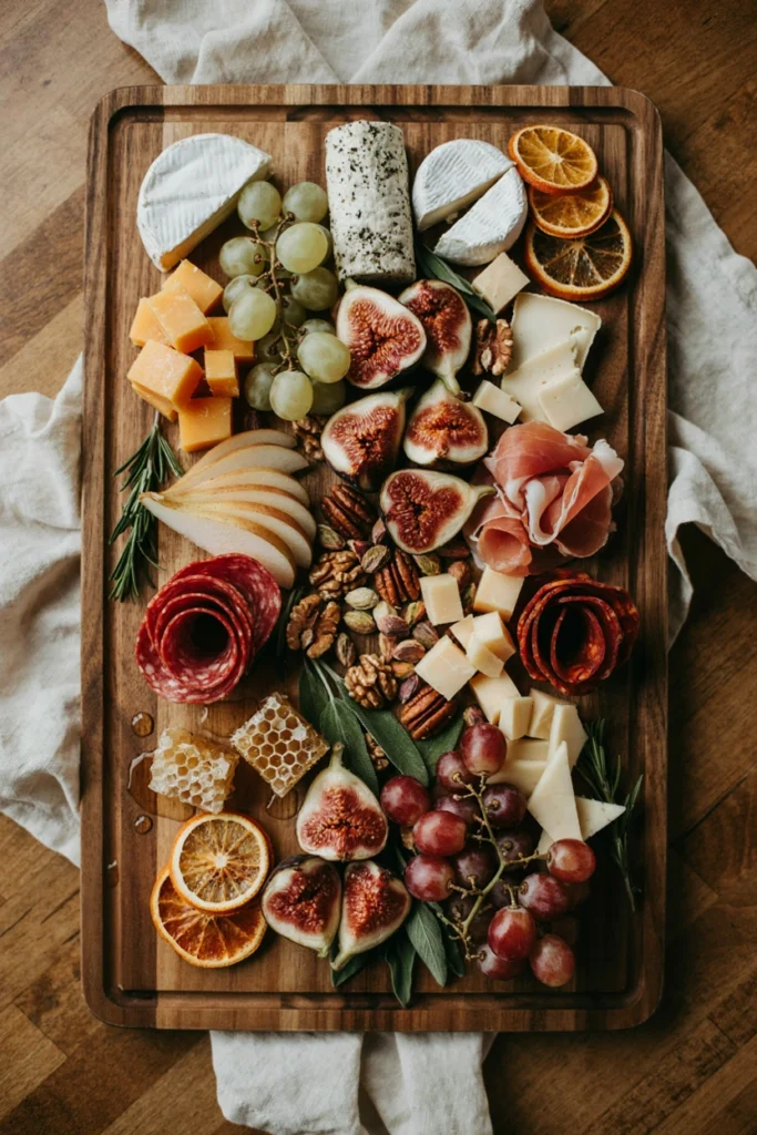 A large wooden charcuterie board styled with fig, honeycomb, dried orange slices, and soft cheeses