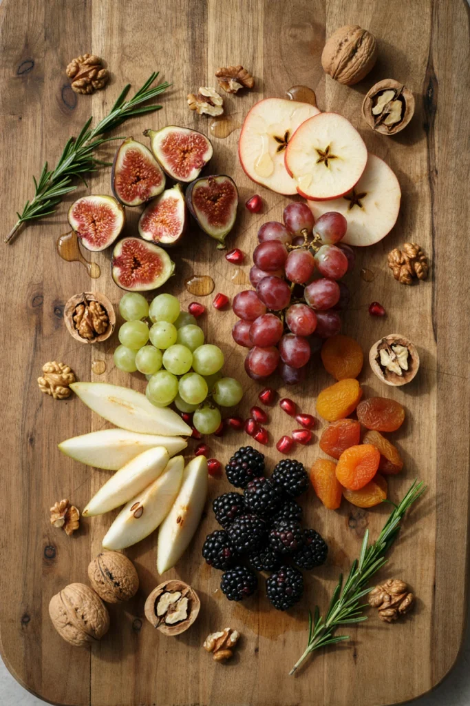 Figs, grapes, pears and dried apricots arranged with honey drizzle and rosemary sprigs on a wooden board