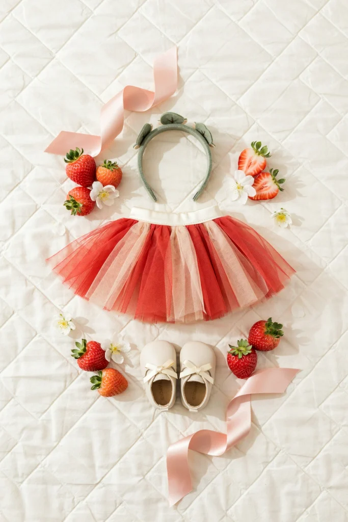 Red tulle tutu with a green leaf headband for a berry first birthday outfit