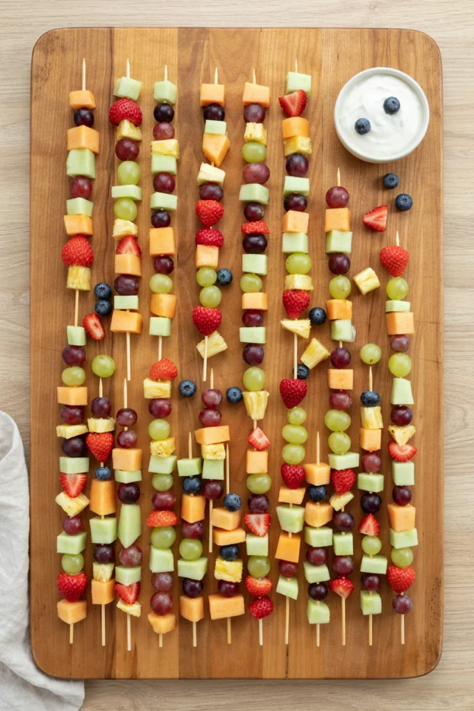 Fruit skewers of strawberries, pineapple, melon and grapes lined up on a wooden board with a yogurt dip