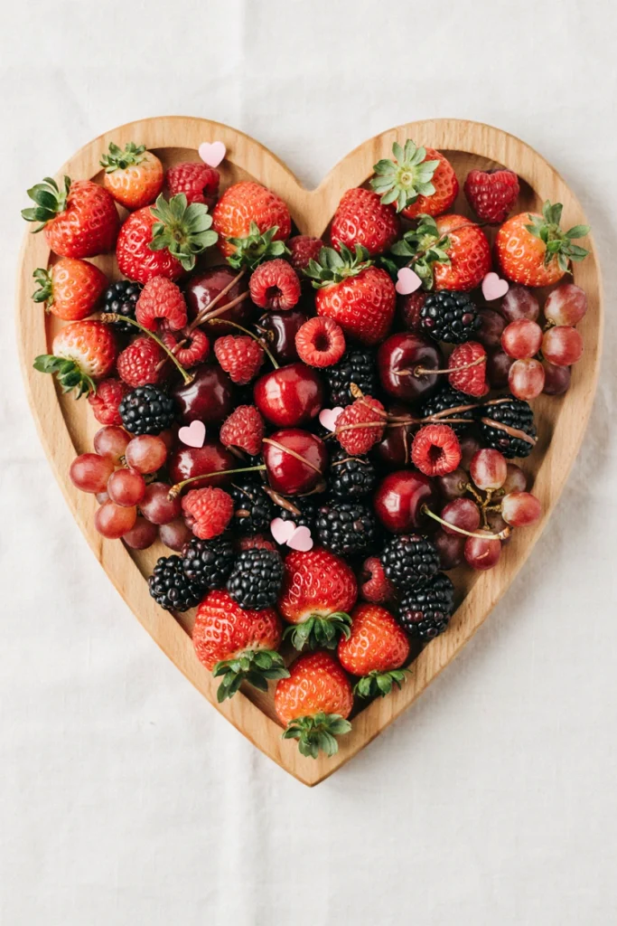 Strawberries and raspberries arranged in a heart shape with a chocolate drizzle and pink candy accents