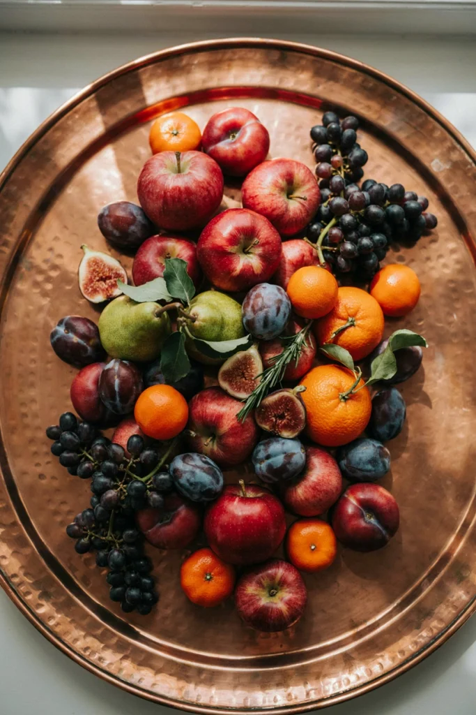 Whole uncut fruit like apples, pears, oranges and grapes arranged in a decorative pile on a board
