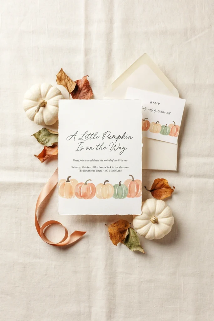 Pumpkin-themed baby shower invitation set