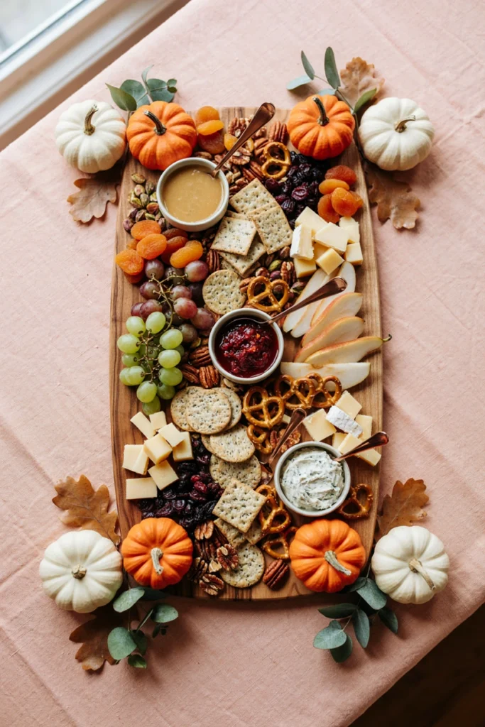 Harvest-themed snack board with nuts, dried fruit, crackers, and mini pumpkins