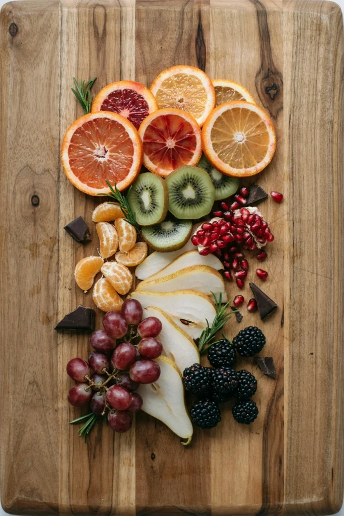 Blood orange, clementine and pomegranate arils arranged with rosemary and dark chocolate over a wooden board