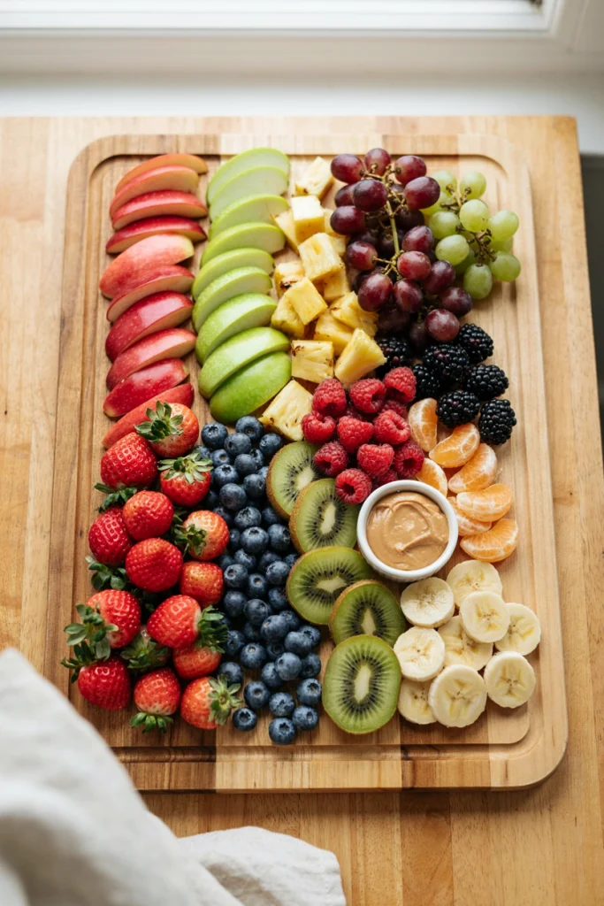 A small rectangular board with apple slices, grapes, orange segments and a peanut butter dip for an after-school snack
