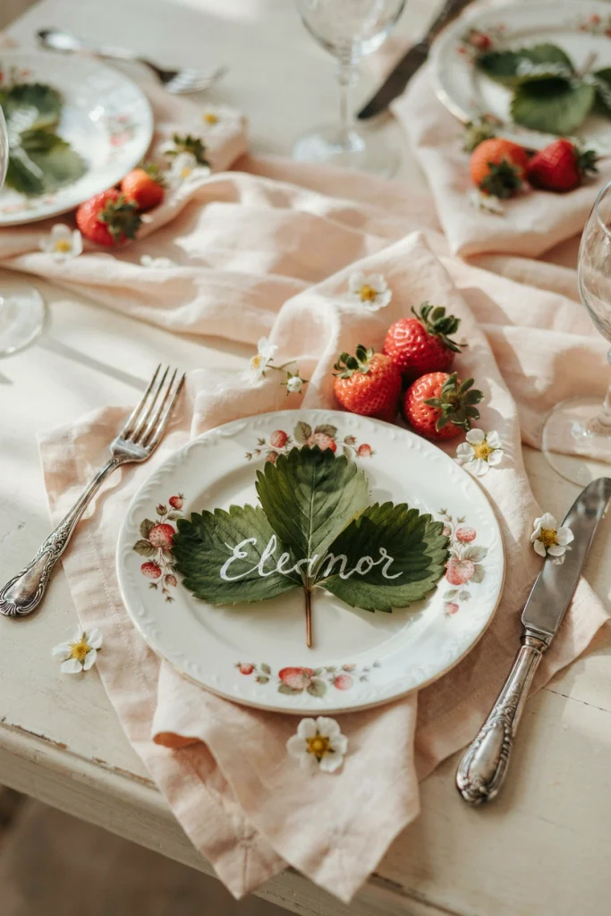 Real strawberry leaves used as place cards with guest names written in white paint