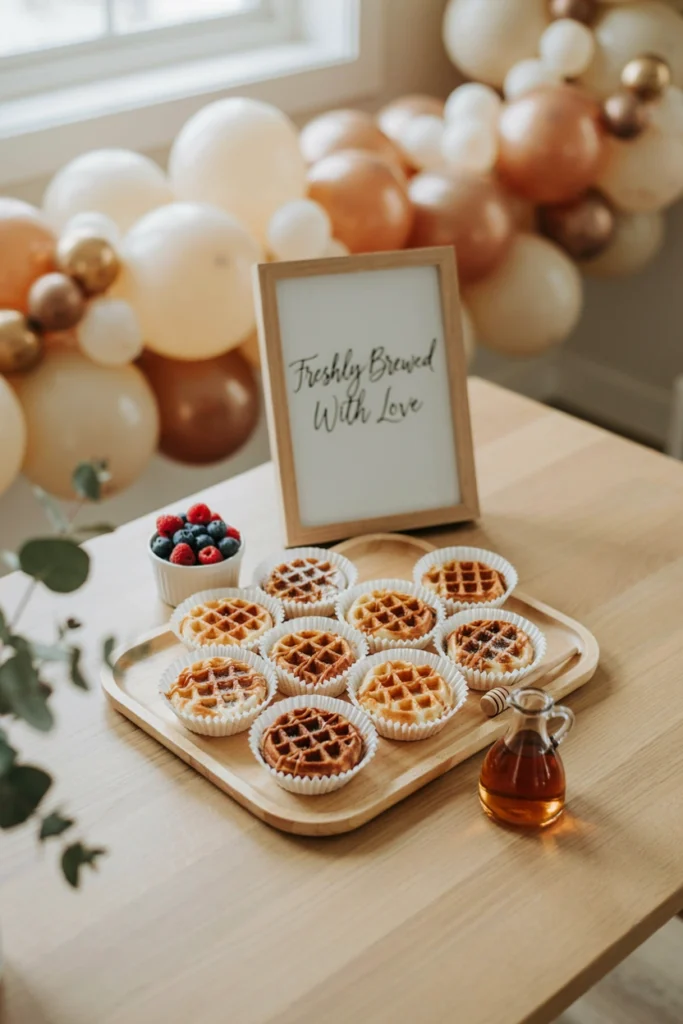 Mini waffles served in fluted parchment liners styled like coffee filters