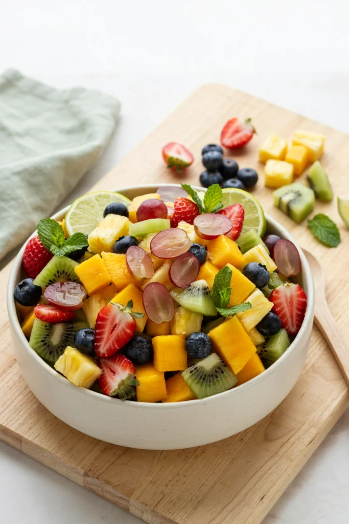Diced pineapple, mango and kiwi tossed together in one large bowl with lime wedges on the side