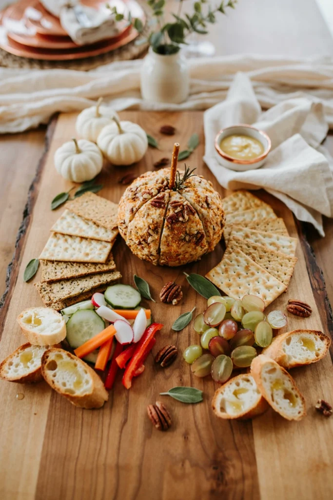 Cheese ball shaped like a small pumpkin with a pretzel stick stem, served with crackers