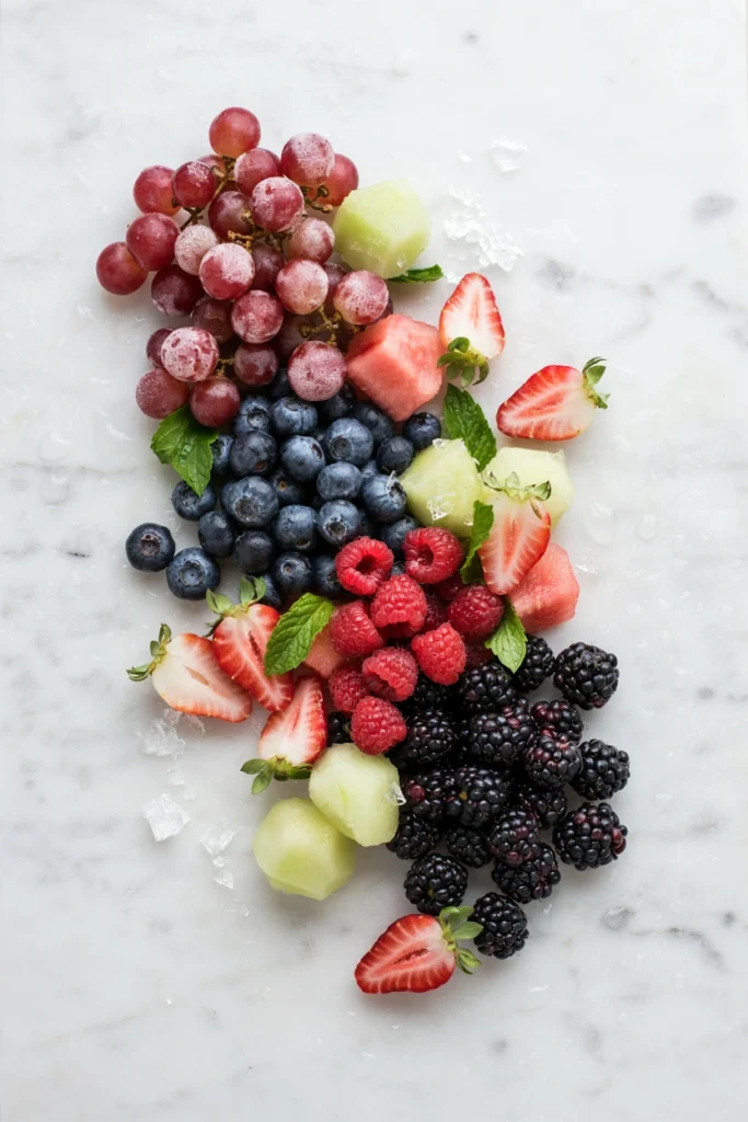 Frozen grapes, berries and melon balls arranged on a chilled board for a hot-weather party