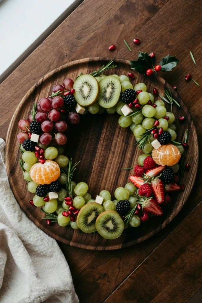 Cubed cheese, salami, grapes and strawberries arranged with rosemary sprigs in a festive wreath shape