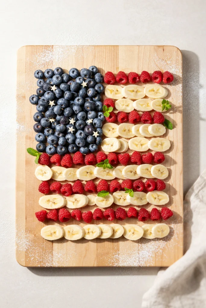 Blueberries, raspberries and star-shaped white cheese arranged into a flag pattern on a rectangular board