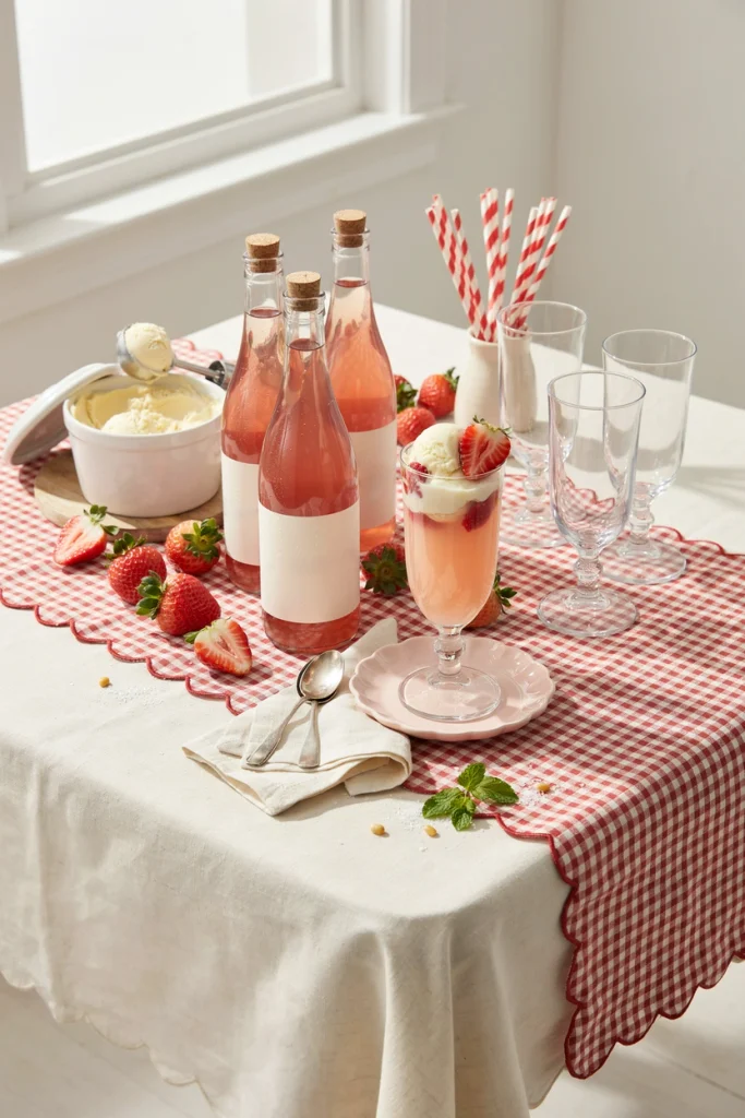 Strawberry cream soda float bar with ice cream and striped straws