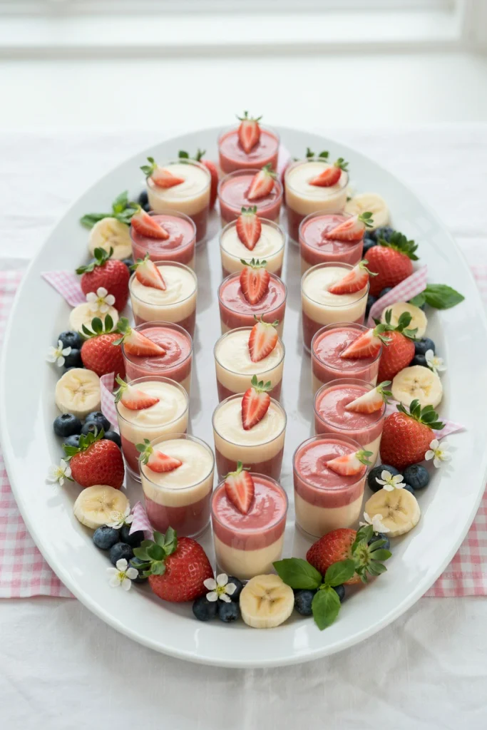 Small shot glasses filled with pink berry smoothie lined up on a tray