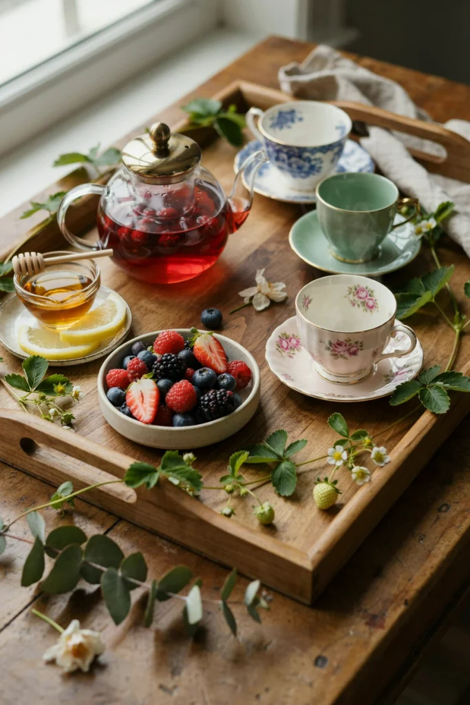 Tea station with a teapot, loose berry herbal tea, and vintage cups