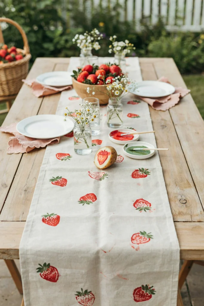 Muslin table runner hand-stamped with a red and green strawberry pattern