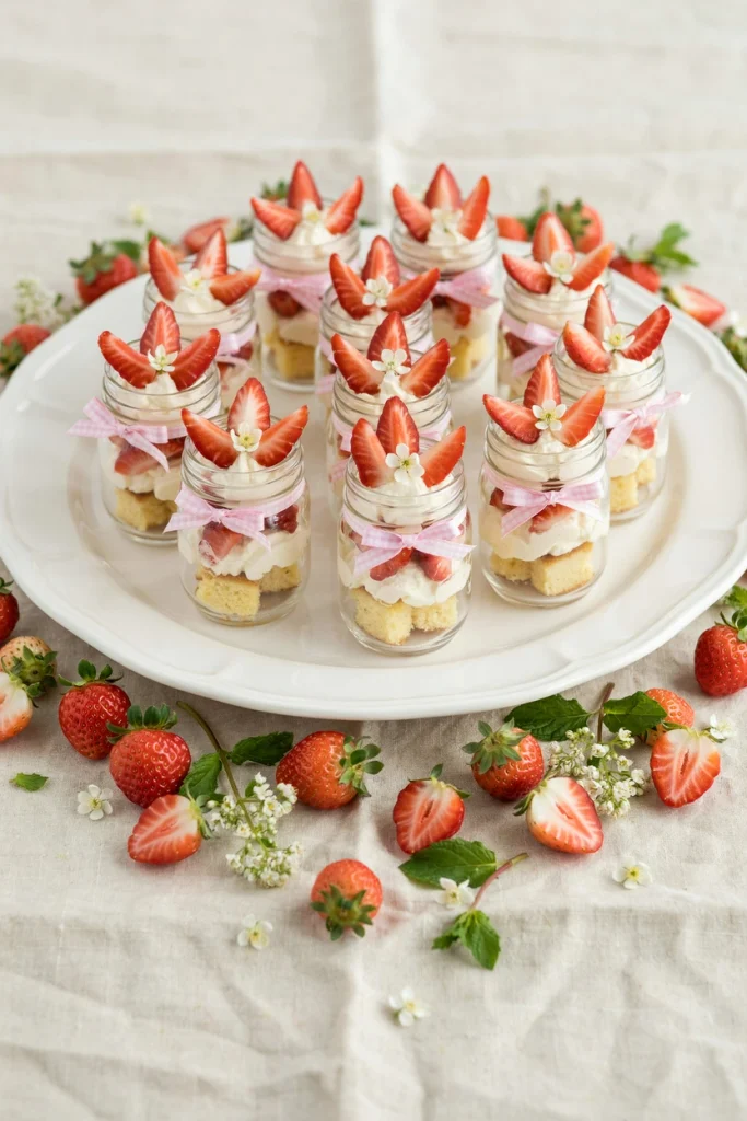 Mini mason jars layered with pound cake, whipped cream, and sliced strawberries