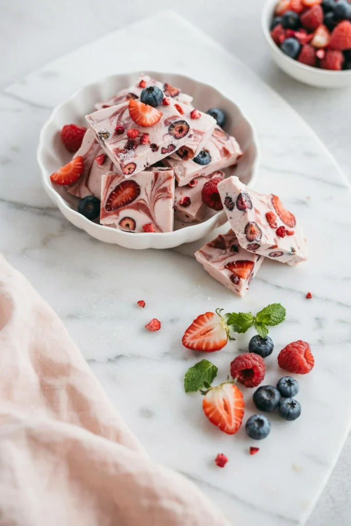 Broken pink yogurt bark studded with berry pieces in a bowl