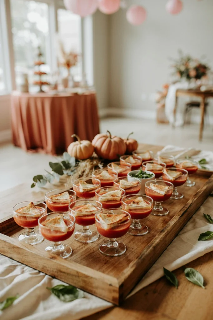 Mini grilled cheese triangles paired with tomato soup shooters for a fall baby shower