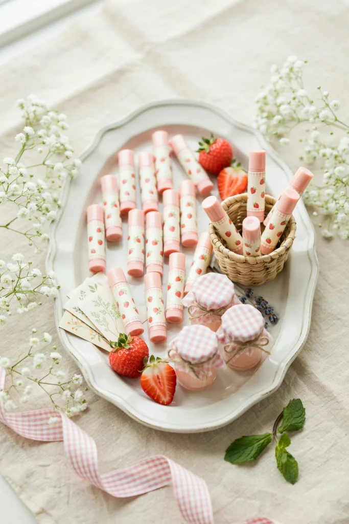 Tray of small strawberry-flavored lip balm tubes with custom labels