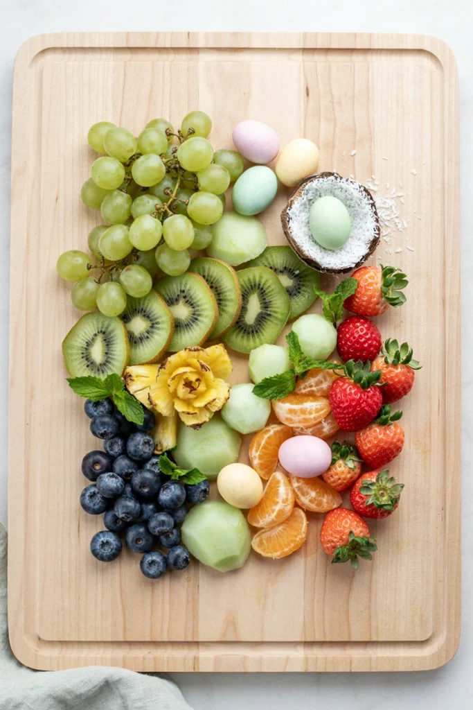 Grapes, kiwi and citrus arranged around pastel candy eggs and a small nest of shredded coconut