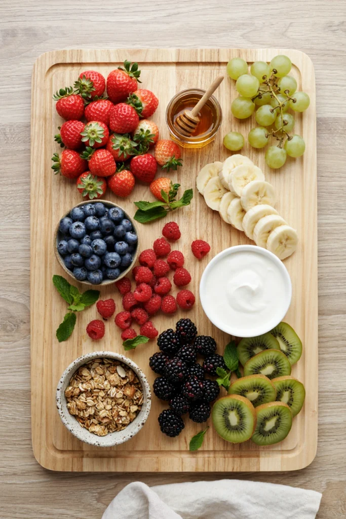 A board with small bowls of yogurt, granola, honey and fresh berries for a build-your-own parfait spread