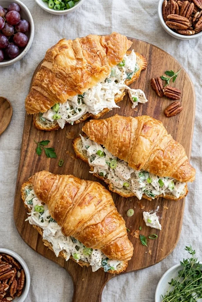 Chicken salad served on a buttery croissant
