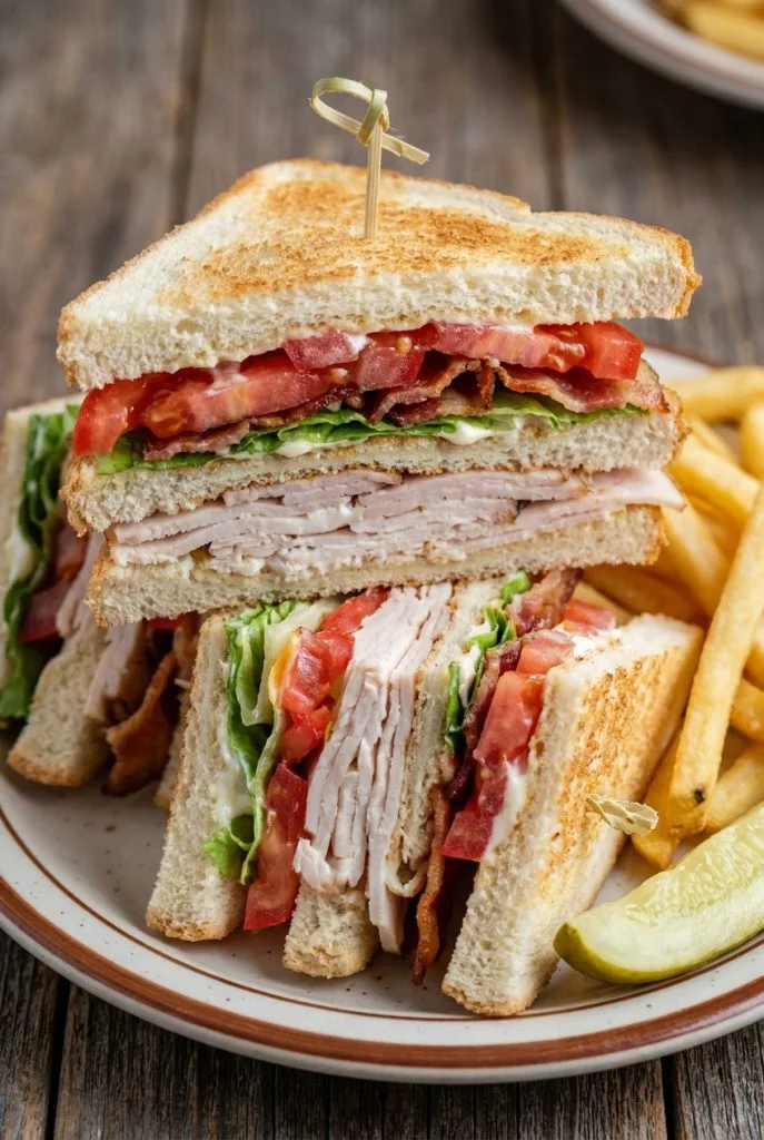 Classic triple-decker club sandwich with turkey, bacon, lettuce, and tomato