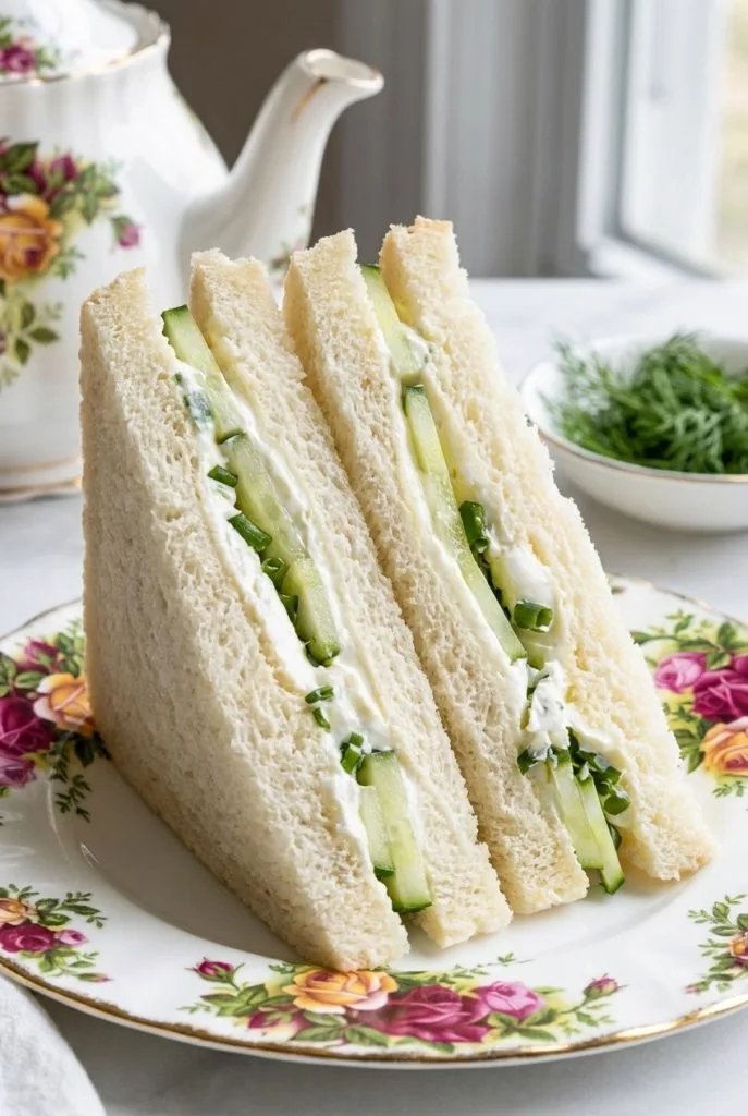Cucumber cream cheese tea sandwiches cut into small triangles