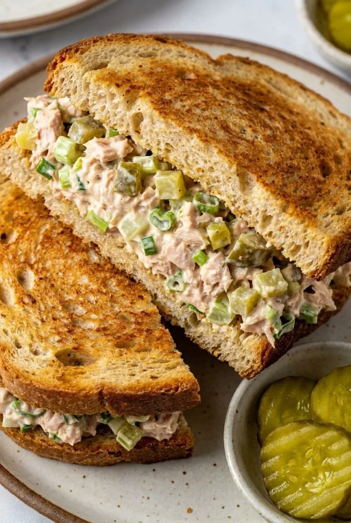 Tuna salad sandwich with sliced pickles on toasted bread