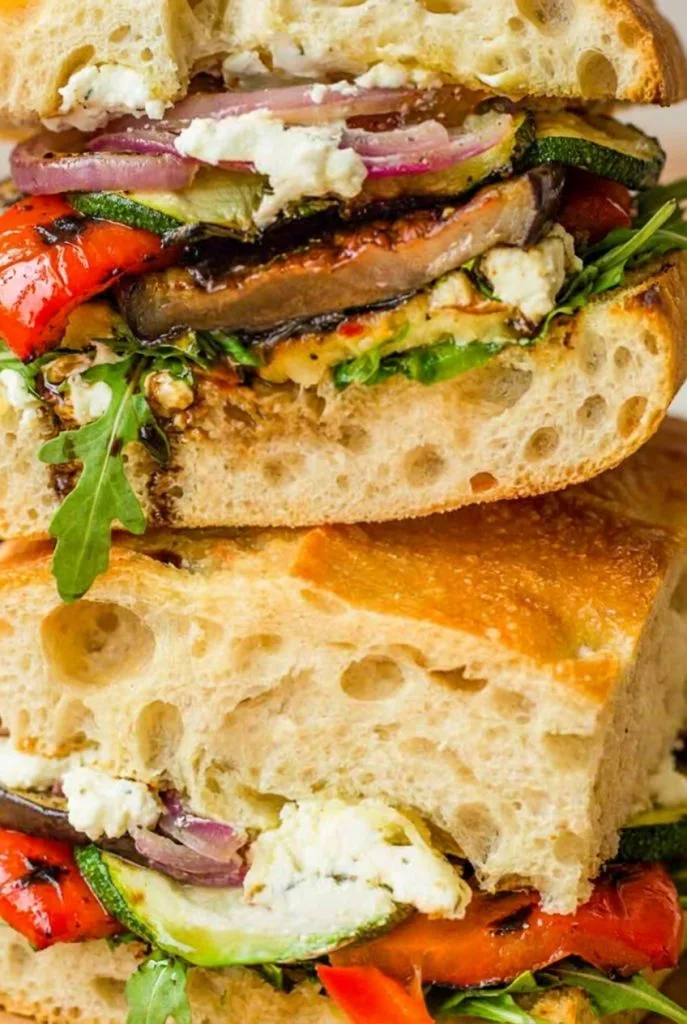 Grilled vegetable sandwich with creamy goat cheese on toasted bread