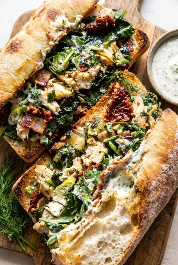 Chicken bacon ranch sandwich stacked on soft bread