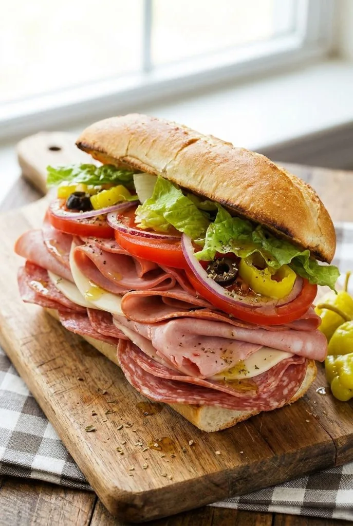 Italian sub sandwich stacked with meats, provolone, and vegetables