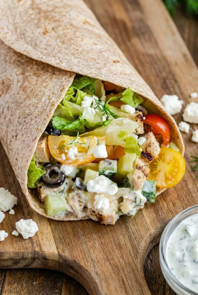 Mediterranean chicken wrap with tzatziki and fresh vegetables