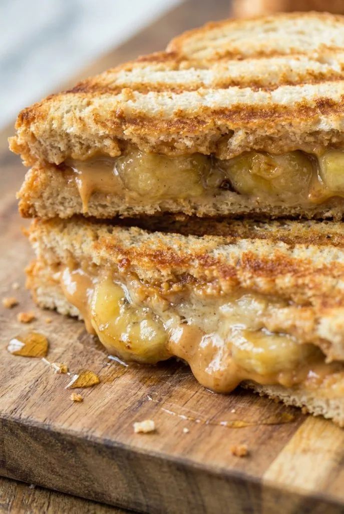 Peanut butter and banana sandwich sliced in half