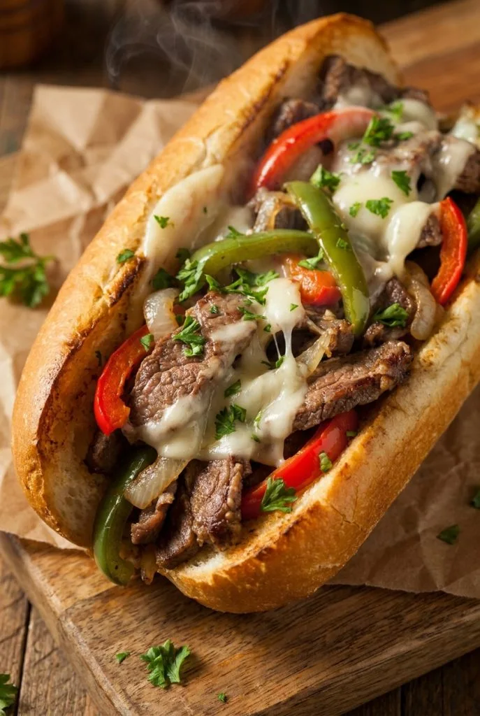 Philly cheesesteak sandwich with steak, onions, and melted cheese