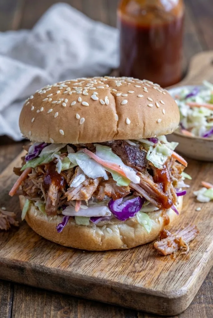 Pulled pork sandwich topped with coleslaw on a soft bun