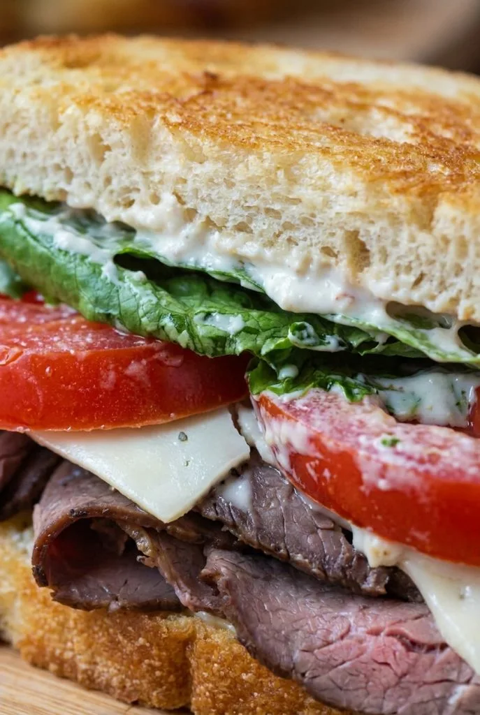 Roast beef and cheddar sandwich with horseradish sauce