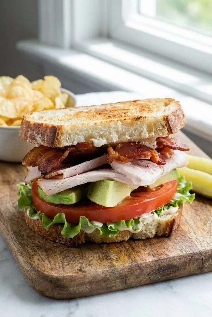 Turkey avocado BLT sandwich with crispy bacon
