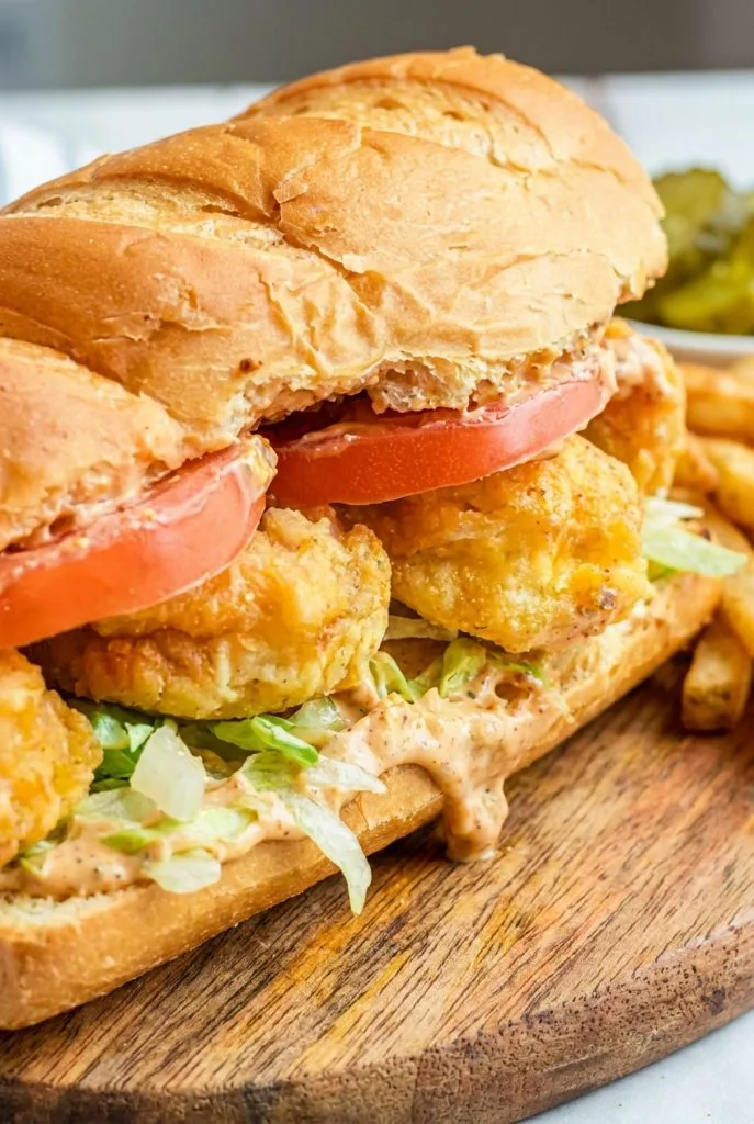 Shrimp po' boy sandwich with crispy fried shrimp and lettuce