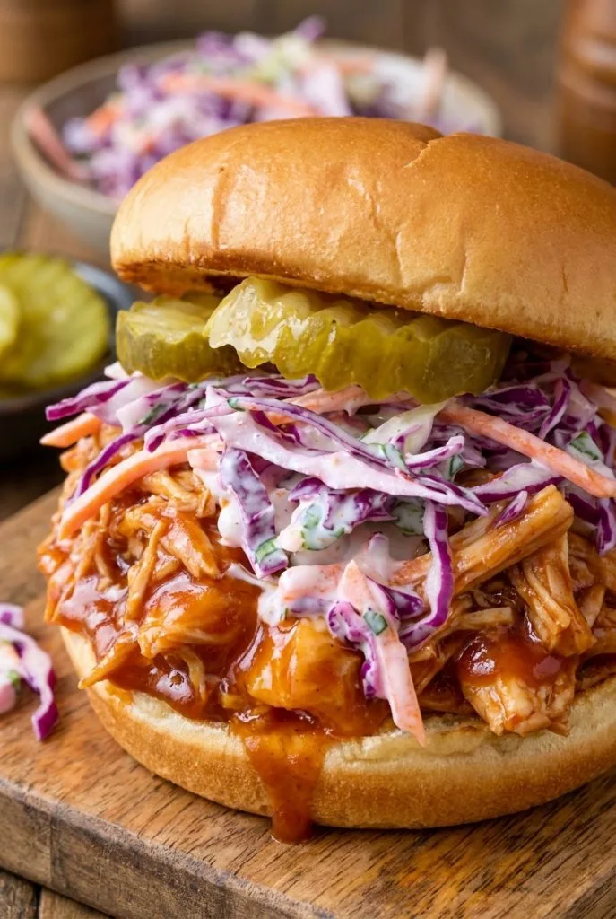 BBQ pulled chicken sandwich piled high on a soft bun