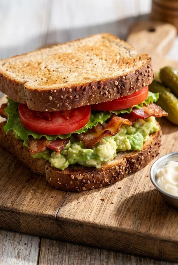 BLTA sandwich with avocado, bacon, lettuce, and tomato