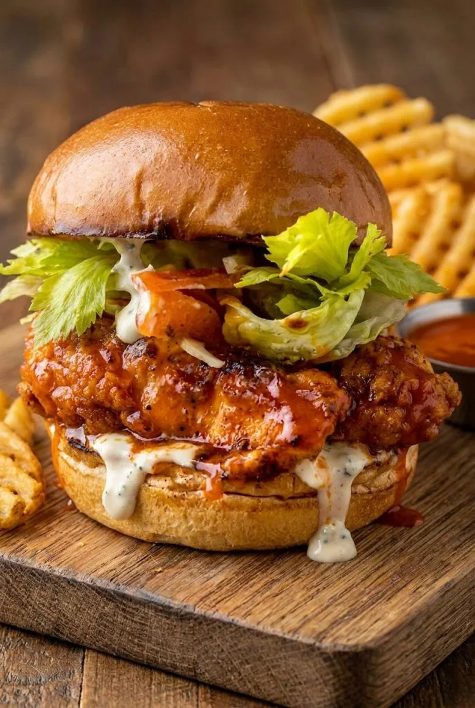 Buffalo chicken sandwich with lettuce and creamy dressing