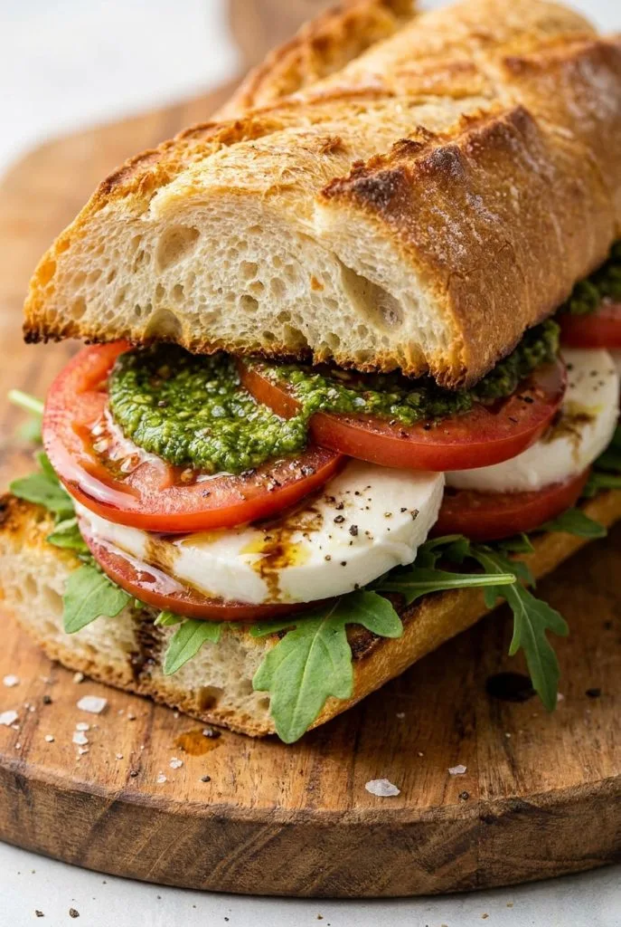 Caprese sandwich with tomato, mozzarella, and basil drizzled with balsamic glaze