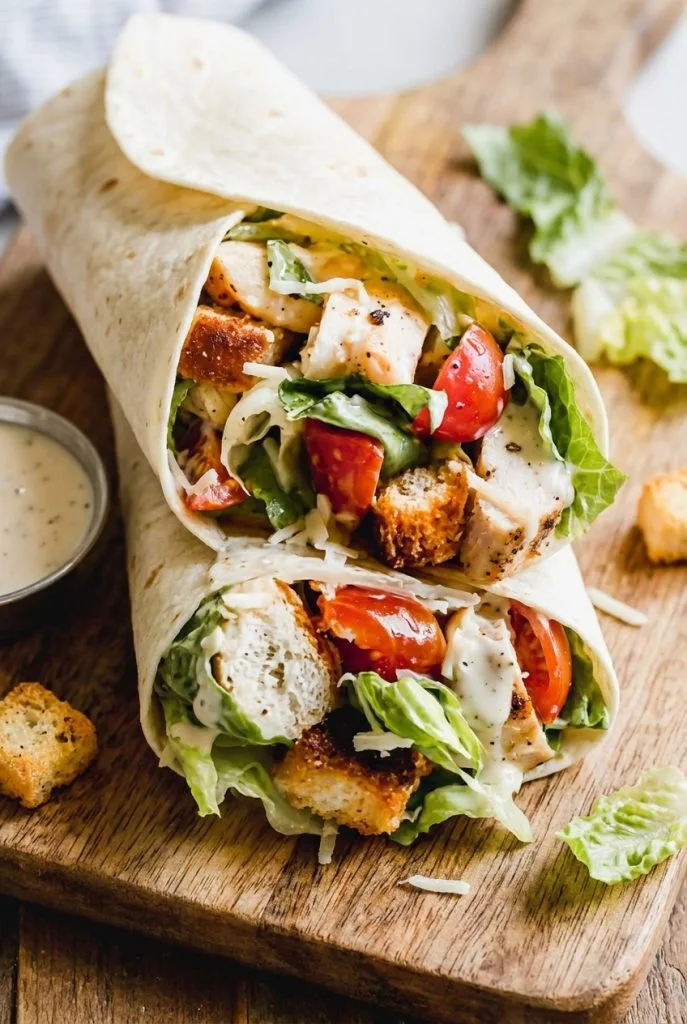 Chicken Caesar wrap sliced in half showing romaine and parmesan