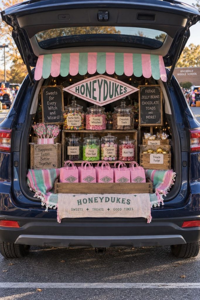 Honeydukes sweet shop trunk or treat with shelves of candy jars, a striped awning, and hand-lettered candy signs