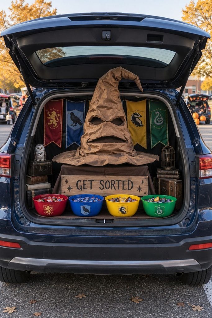 Giant sorting hat trunk or treat idea with house-colored candy inside